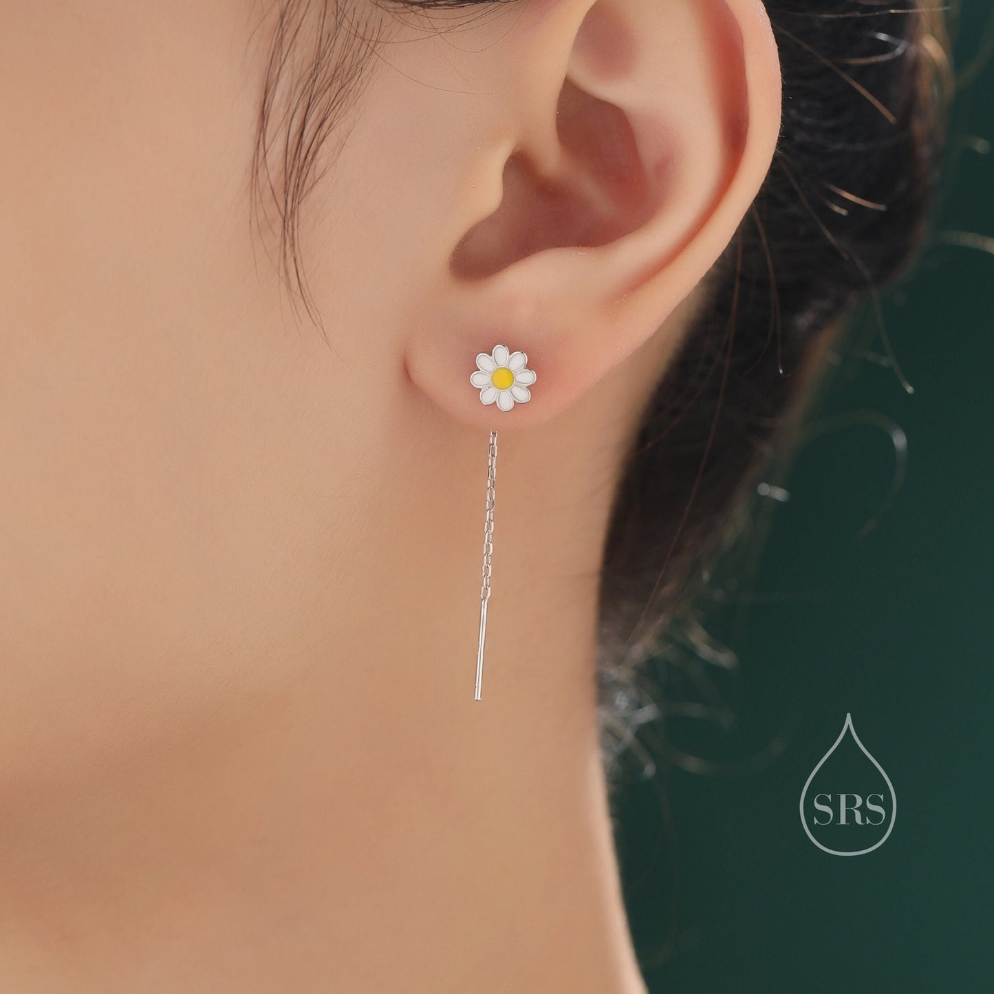 Enamel Daisy Chain Threader Earrings in Sterling Silver, Daisy Flower with a Pull Through Dangle Chain Earrings,  Flower Chain Earrings