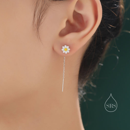 Enamel Daisy Chain Threader Earrings in Sterling Silver, Daisy Flower with a Pull Through Dangle Chain Earrings,  Flower Chain Earrings