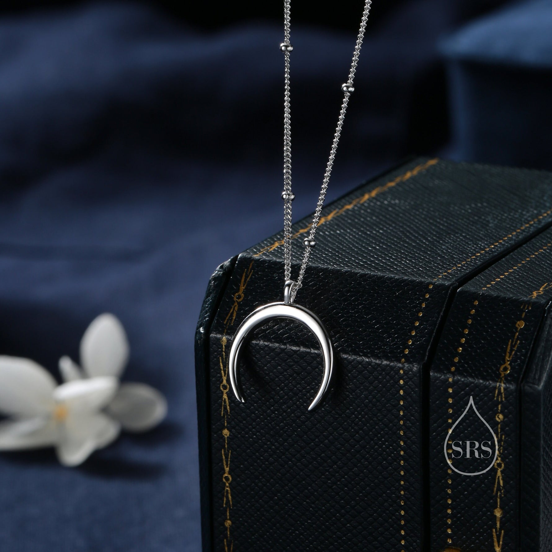 Crescent Moon Pendant Necklace in Sterling Silver with a Satellite Chain - New Moon Necklace - Gold or Silver - Whimsical Jewellery
