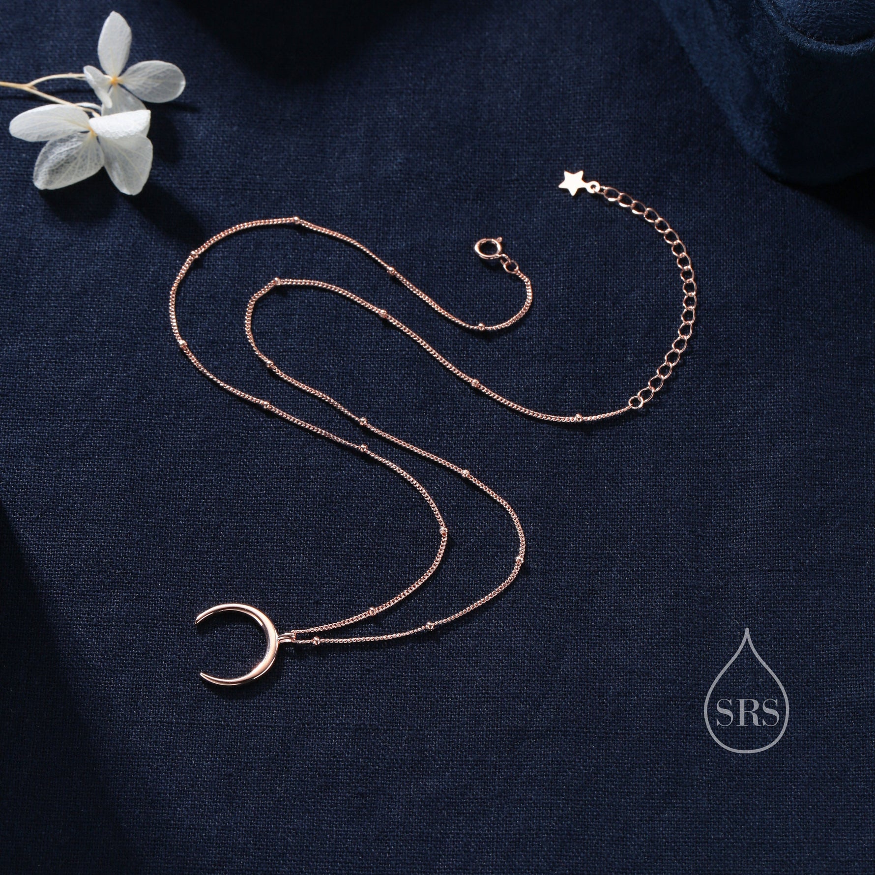 Crescent Moon Pendant Necklace in Sterling Silver with a Satellite Chain - New Moon Necklace - Gold or Silver - Whimsical Jewellery