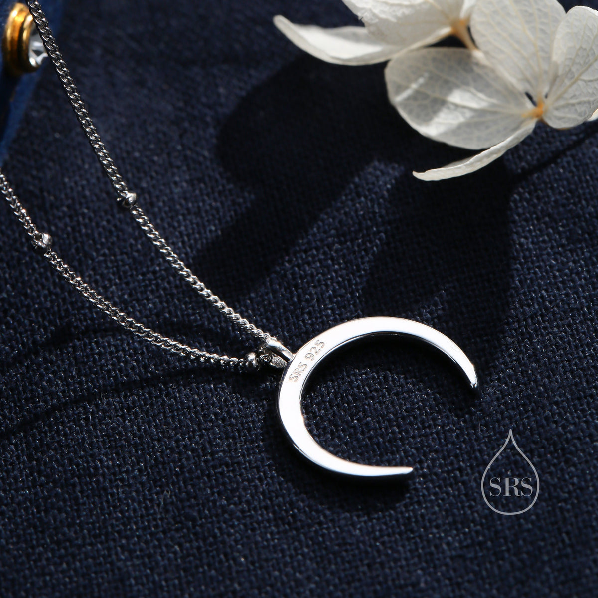 Crescent Moon Pendant Necklace in Sterling Silver with a Satellite Chain - New Moon Necklace - Gold or Silver - Whimsical Jewellery
