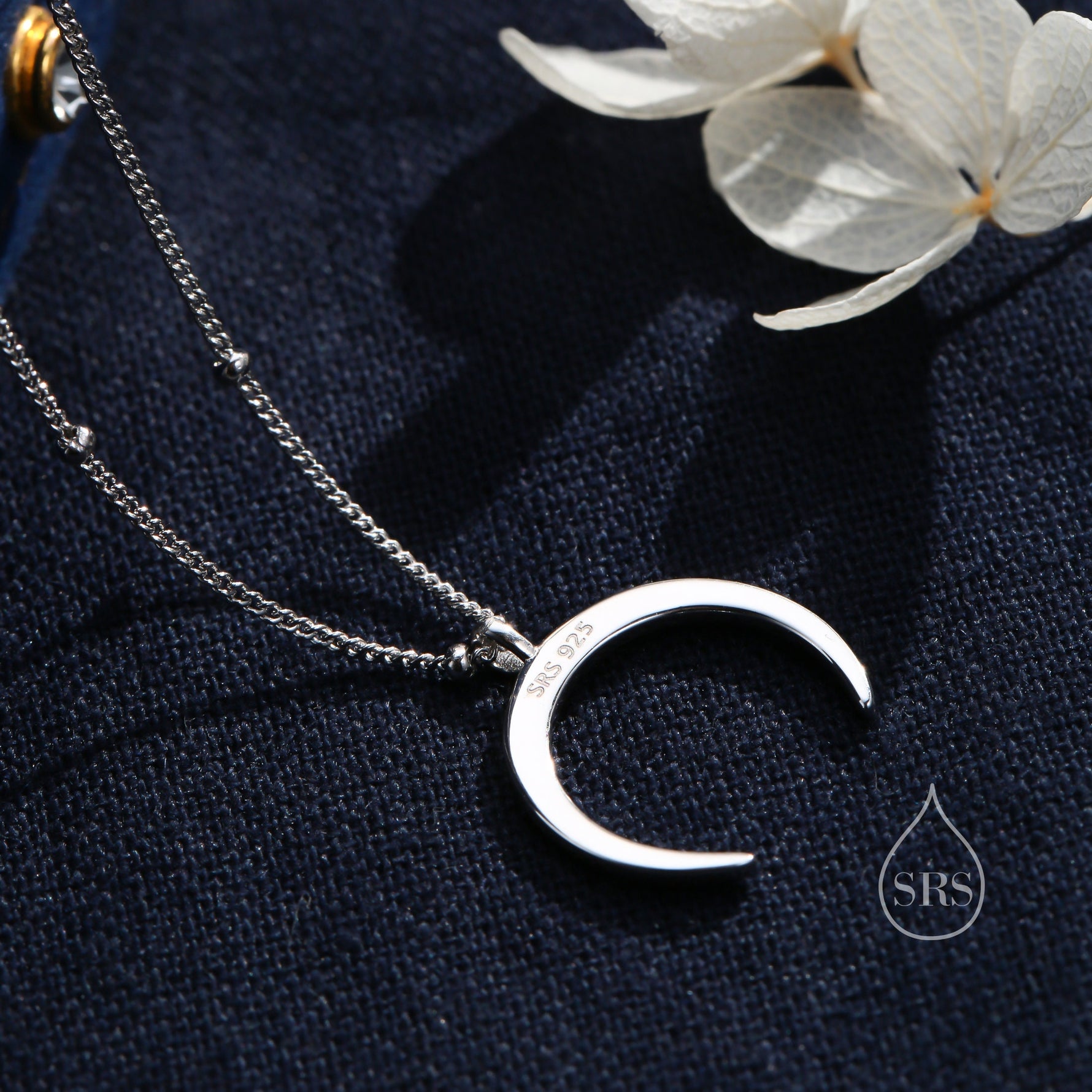 Crescent Moon Pendant Necklace in Sterling Silver with a Satellite Chain - New Moon Necklace - Gold or Silver - Whimsical Jewellery