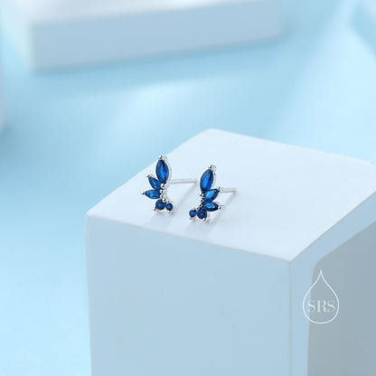 Sapphire Blue CZ Marquise Cluster Stud Earrings in Sterling Silver, Silver or Gold, Marquise Earrings, CZ Wing Earrings, Mini Crawler