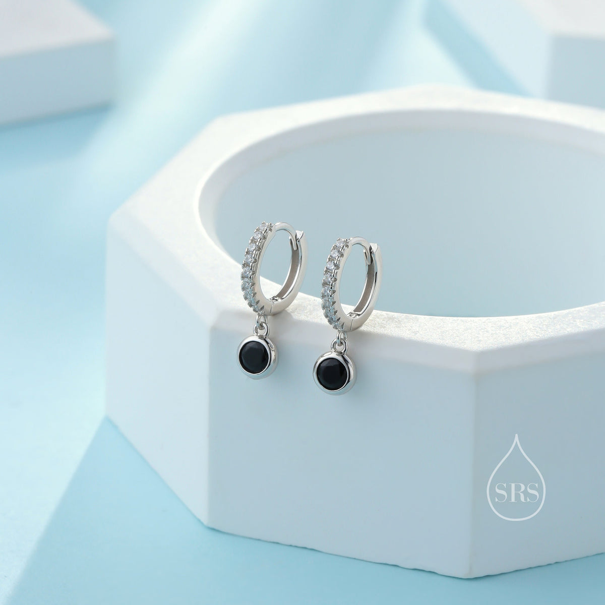 Tiny Black CZ Dangle Huggie Hoop in Sterling Silver, Silver or Gold, Skinny CZ Dangle Earrings, CZ Hoops
