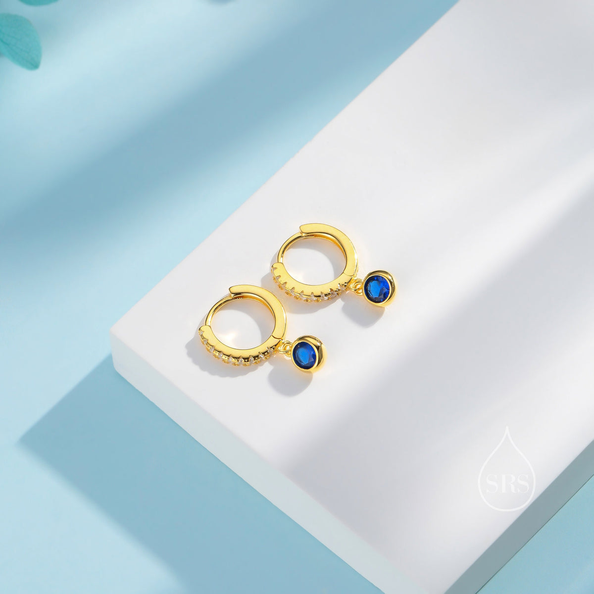 Sapphire Blue CZ Dangle Huggie Hoop in Sterling Silver, Silver or Gold, Skinny CZ Dangle Earrings, CZ Hoops