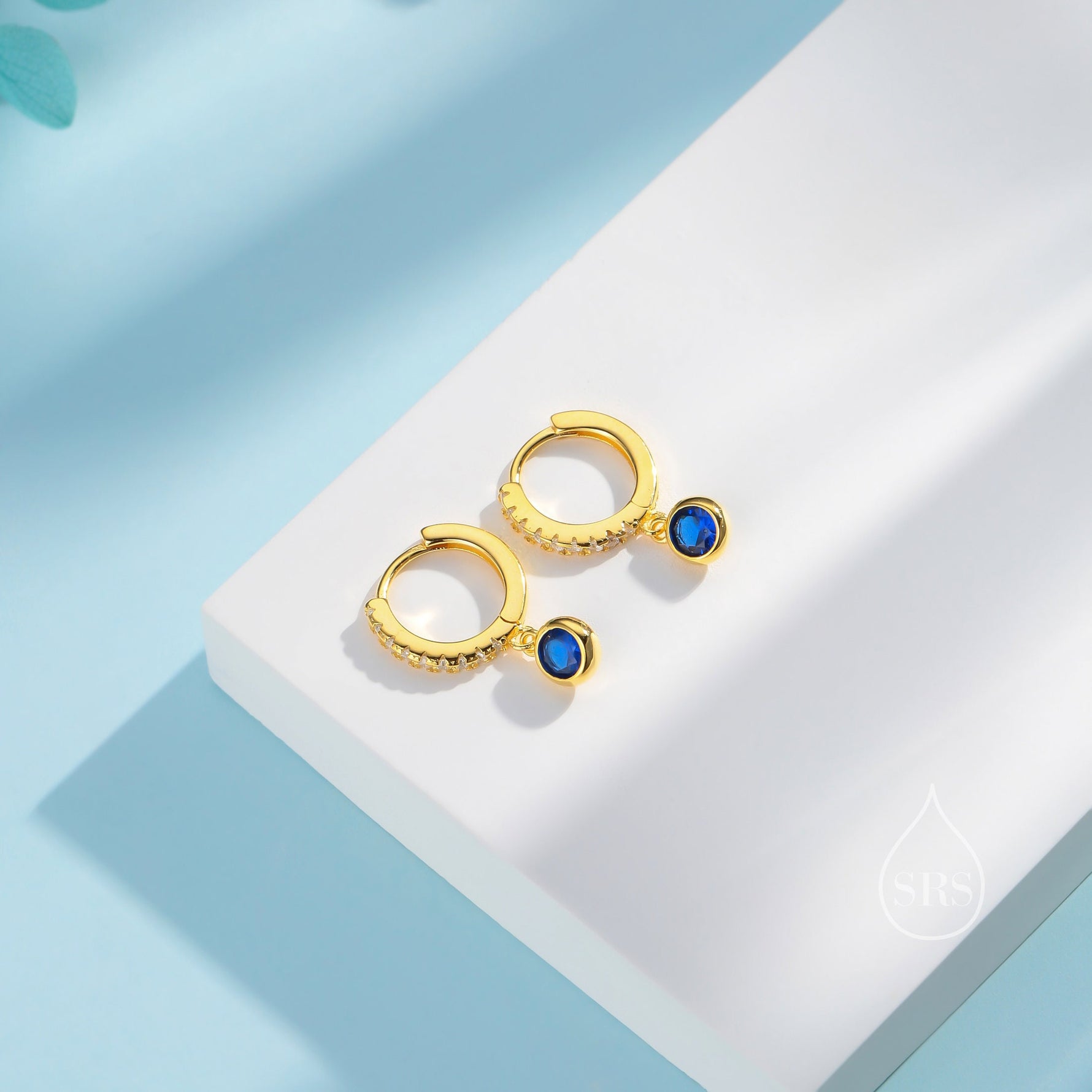 Sapphire Blue CZ Dangle Huggie Hoop in Sterling Silver, Silver or Gold, Skinny CZ Dangle Earrings, CZ Hoops