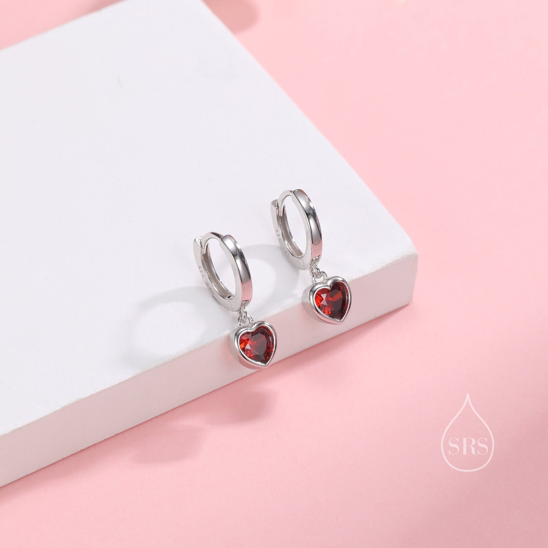 Garnet Red CZ Heart Huggie Hoop in Sterling Silver, Silver or Gold Garnet Red Hoops, 8mm Inner Diameter, Stacking Earrings,