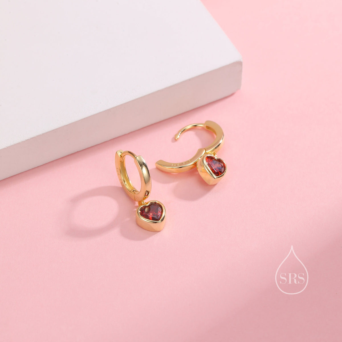 Garnet Red CZ Heart Huggie Hoop in Sterling Silver, Silver or Gold Garnet Red Hoops, 8mm Inner Diameter, Stacking Earrings,