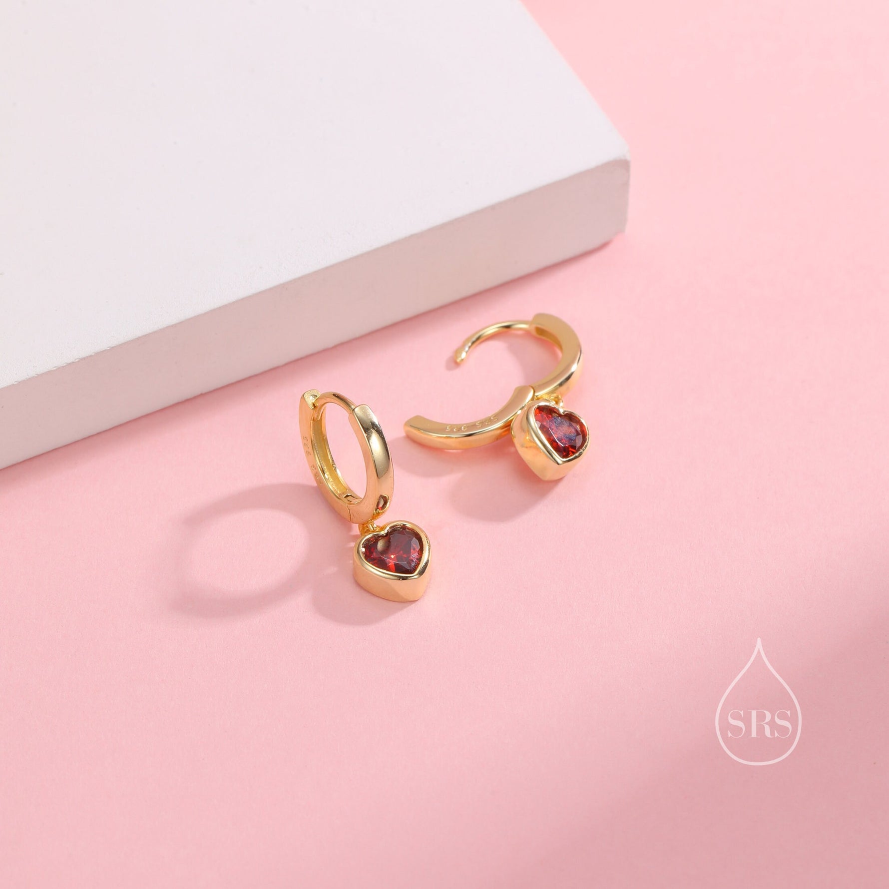 Garnet Red CZ Heart Huggie Hoop in Sterling Silver, Silver or Gold Garnet Red Hoops, 8mm Inner Diameter, Stacking Earrings,