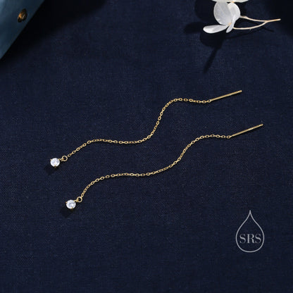 4mm CZ Threader Earrings in Sterling Silver, Silver or Gold or Rose Gold, Tiny Dot Crystal Ear Threaders, Prong Set CZ Earring