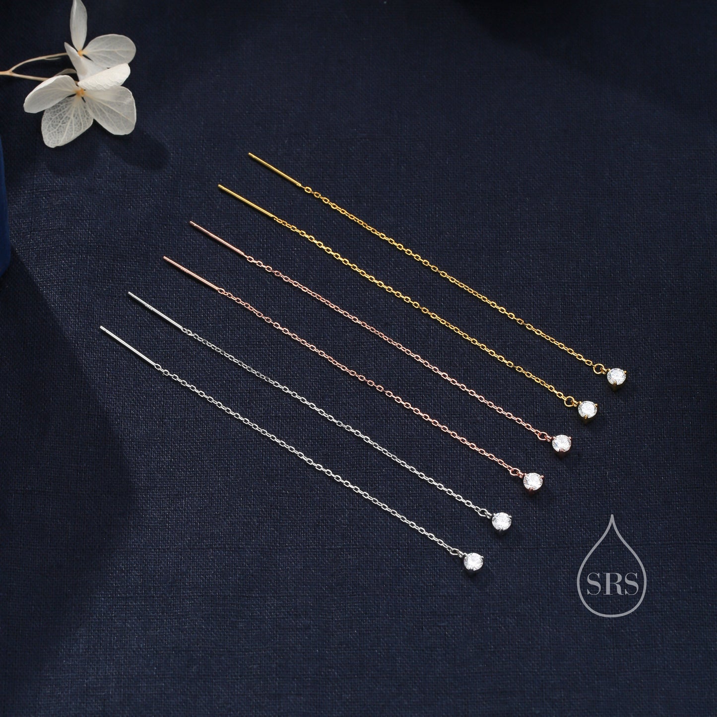 4mm CZ Threader Earrings in Sterling Silver, Silver or Gold or Rose Gold, Tiny Dot Crystal Ear Threaders, Prong Set CZ Earring