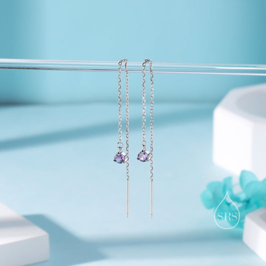 4mm Amethyst Purple CZ Threader Earrings in Sterling Silver, Silver or Gold or Rose Gold, Dot Crystal Ear Threaders, Prong Set CZ Earring