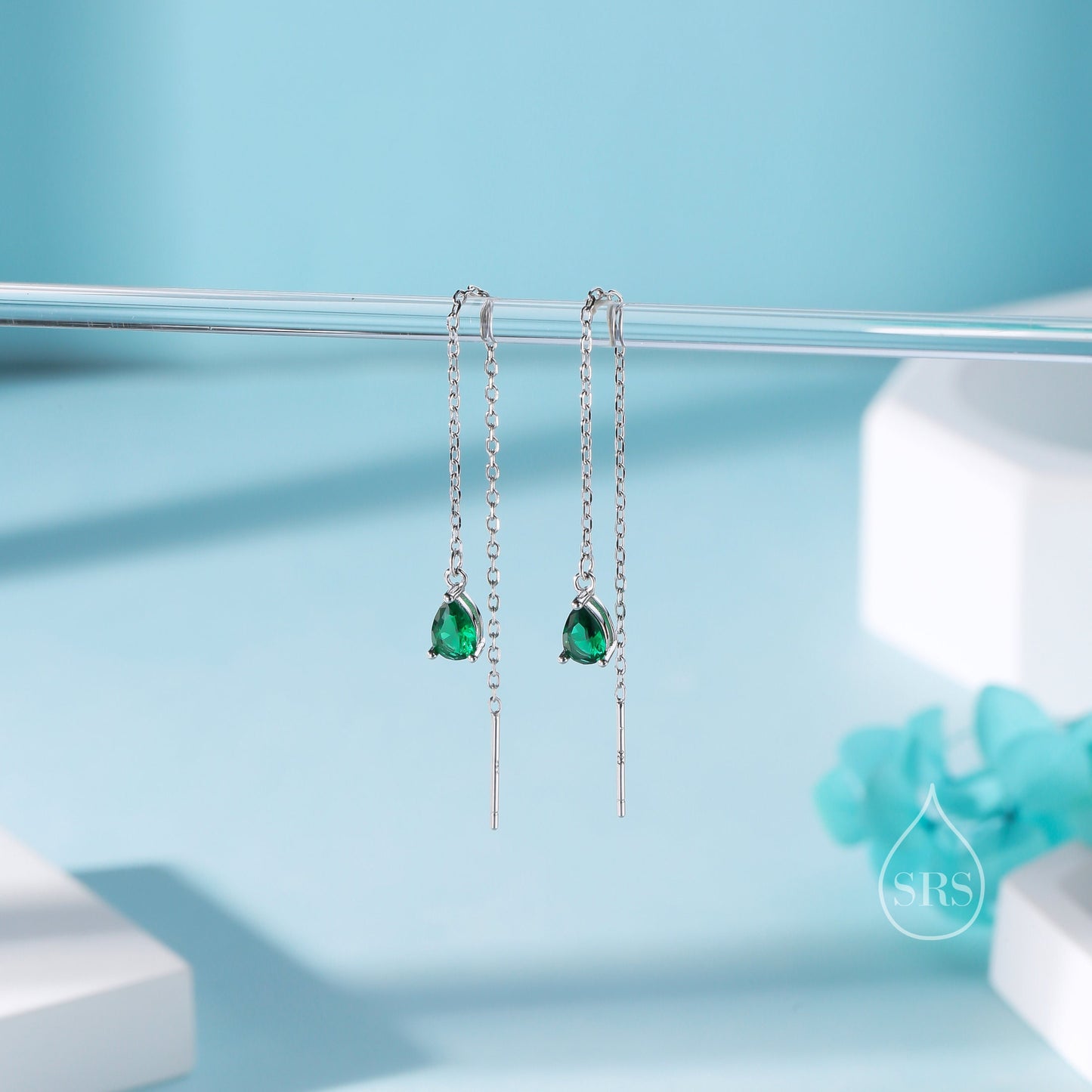 Emerald Green Droplet CZ Threader Earrings in Sterling Silver, Silver or Gold, Tiny Pear Shape Crystal Ear Threaders, Prong Set CZ Earring