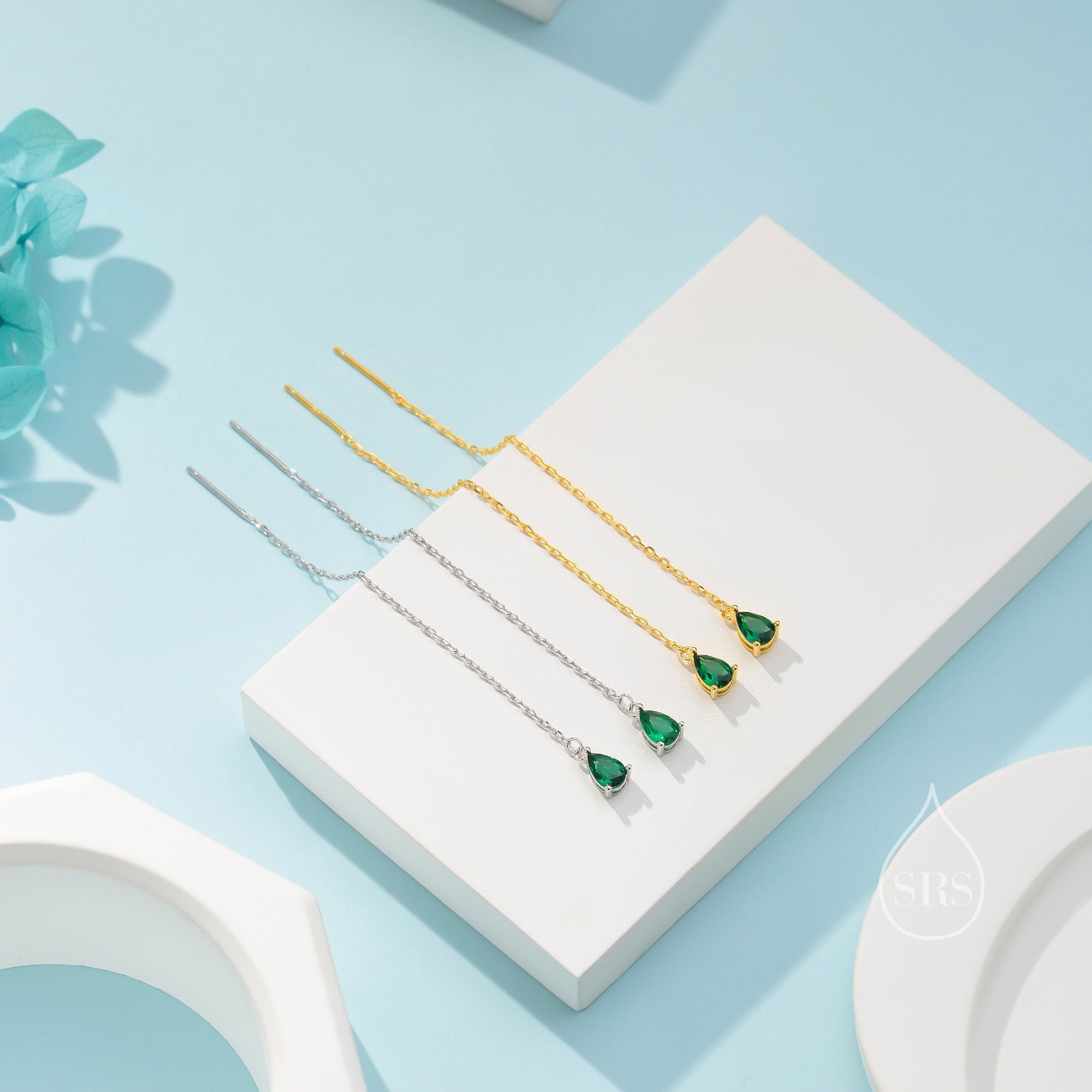 Emerald Green Droplet CZ Threader Earrings in Sterling Silver, Silver or Gold, Tiny Pear Shape Crystal Ear Threaders, Prong Set CZ Earring