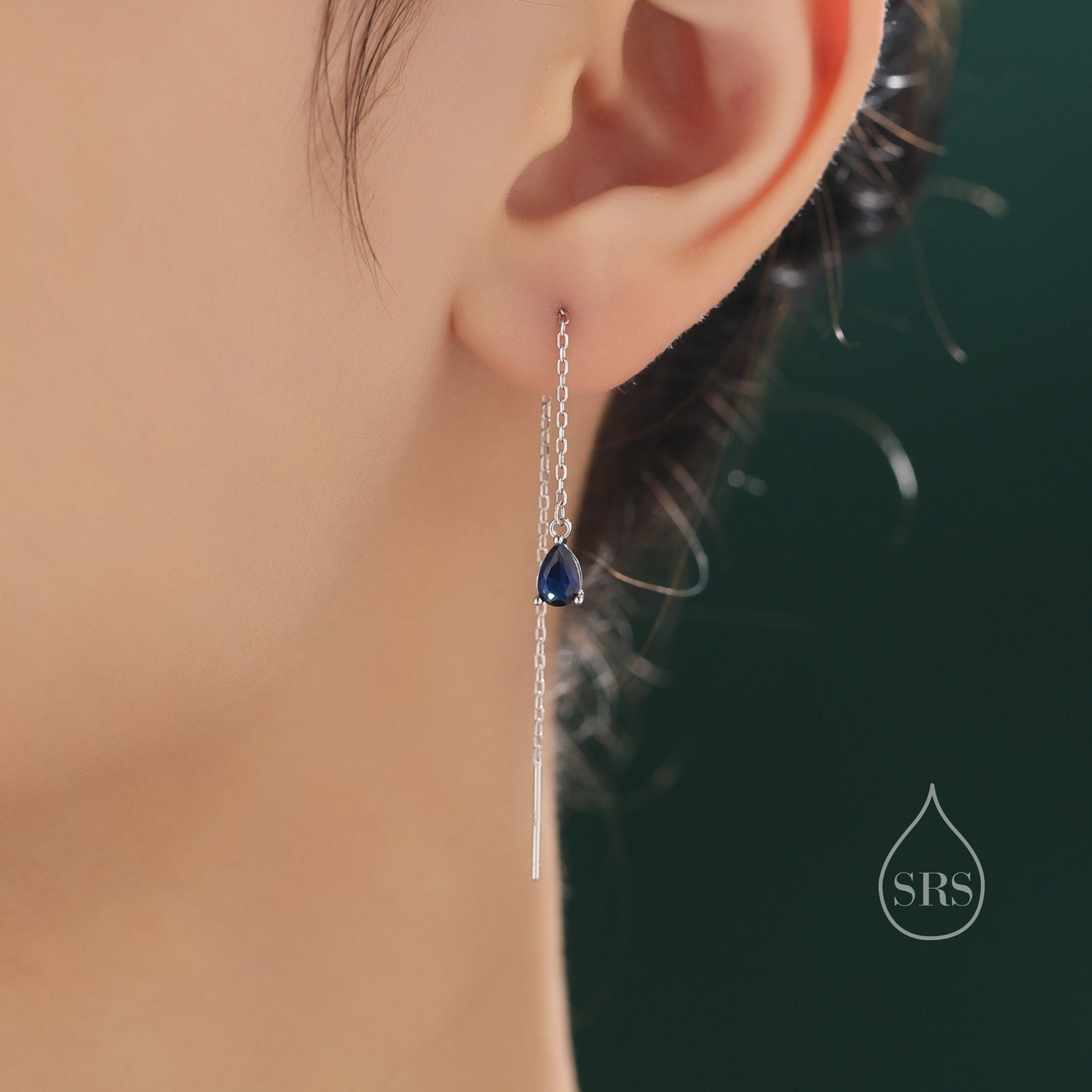 Sapphire Blue Droplet CZ Threader Earrings in Sterling Silver, Silver or Gold, Tiny Pear Shape Crystal Ear Threaders, Prong Set CZ Earring