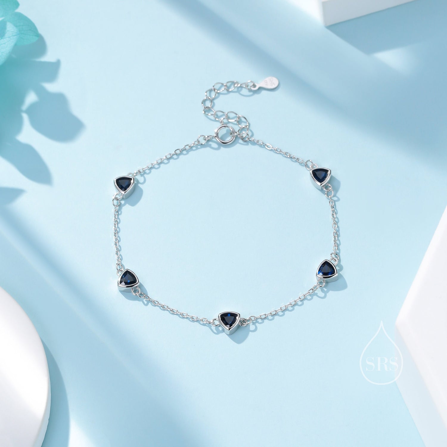 Sapphire Blue CZ Trillion Bezel Station Bracelet