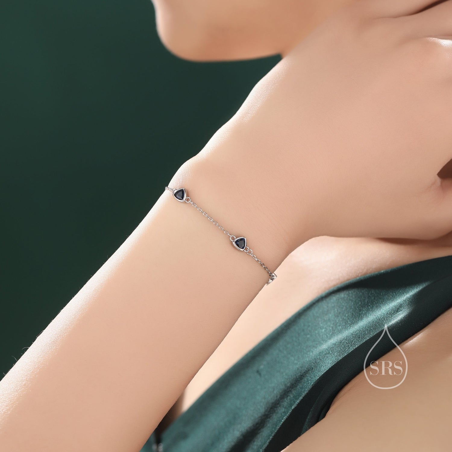 Sapphire Blue CZ Trillion Bezel Station Bracelet