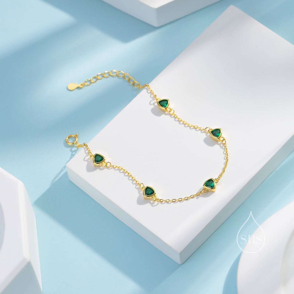 Sterling Silver Trillion Cut Emerald Green CZ Bezel Bracelet, Silver or Gold, CZ Satellite Bracelet, Tiny Delicate CZ Bracelet