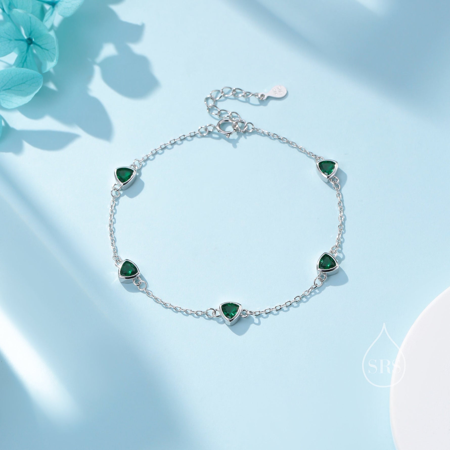 Sterling Silver Trillion Cut Emerald Green CZ Bezel Bracelet, Silver or Gold, CZ Satellite Bracelet, Tiny Delicate CZ Bracelet