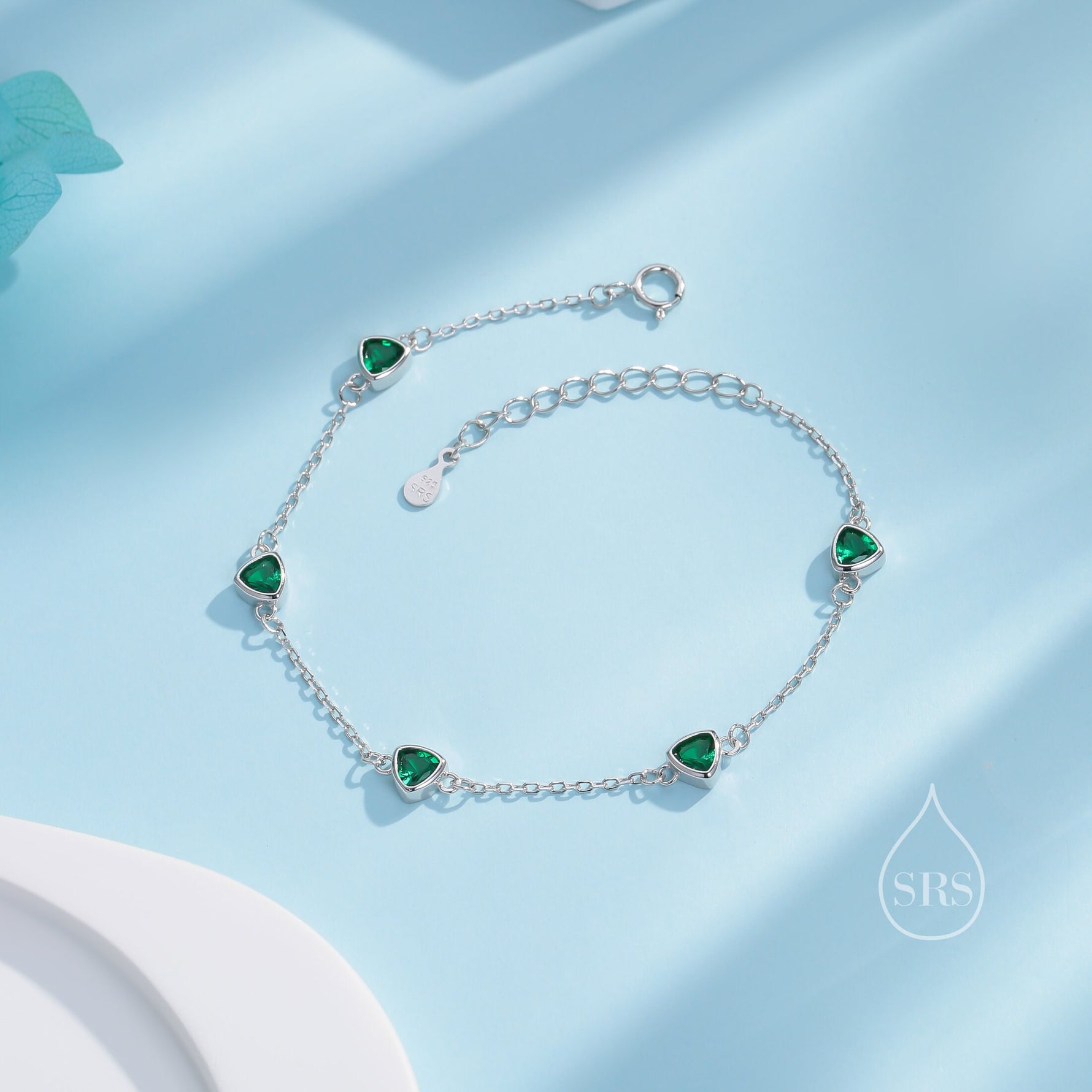 Sterling Silver Trillion Cut Emerald Green CZ Bezel Bracelet, Silver or Gold, CZ Satellite Bracelet, Tiny Delicate CZ Bracelet