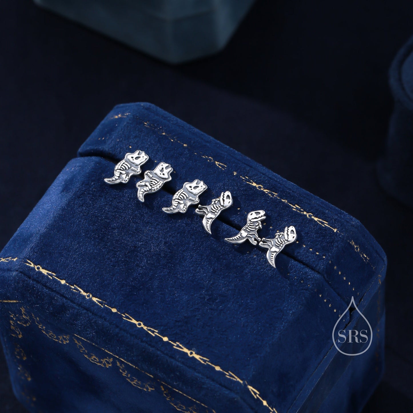 Oxidised Sterling Silver Dinosaur Fossil Stud Earrings, Oxidised Silver Finish Dino Stud, Quirky Dino Stud, Asymmetric Dinosaur Earrings,