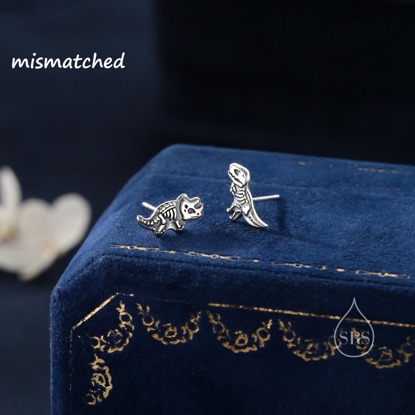 Oxidised Sterling Silver Dinosaur Fossil Stud Earrings, Oxidised Silver Finish Dino Stud, Quirky Dino Stud, Asymmetric Dinosaur Earrings,