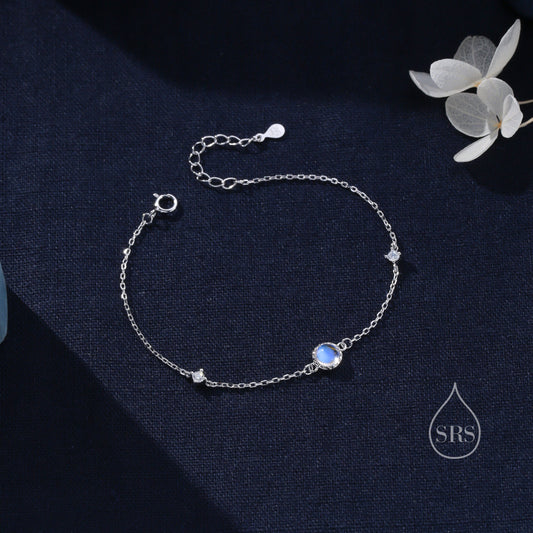 Delicate Moonstone and CZ Bracelet in Sterling Silver, Simulated Moonstone Bracelet, Silver Single Moonstone Bracelet with Satellite Chain