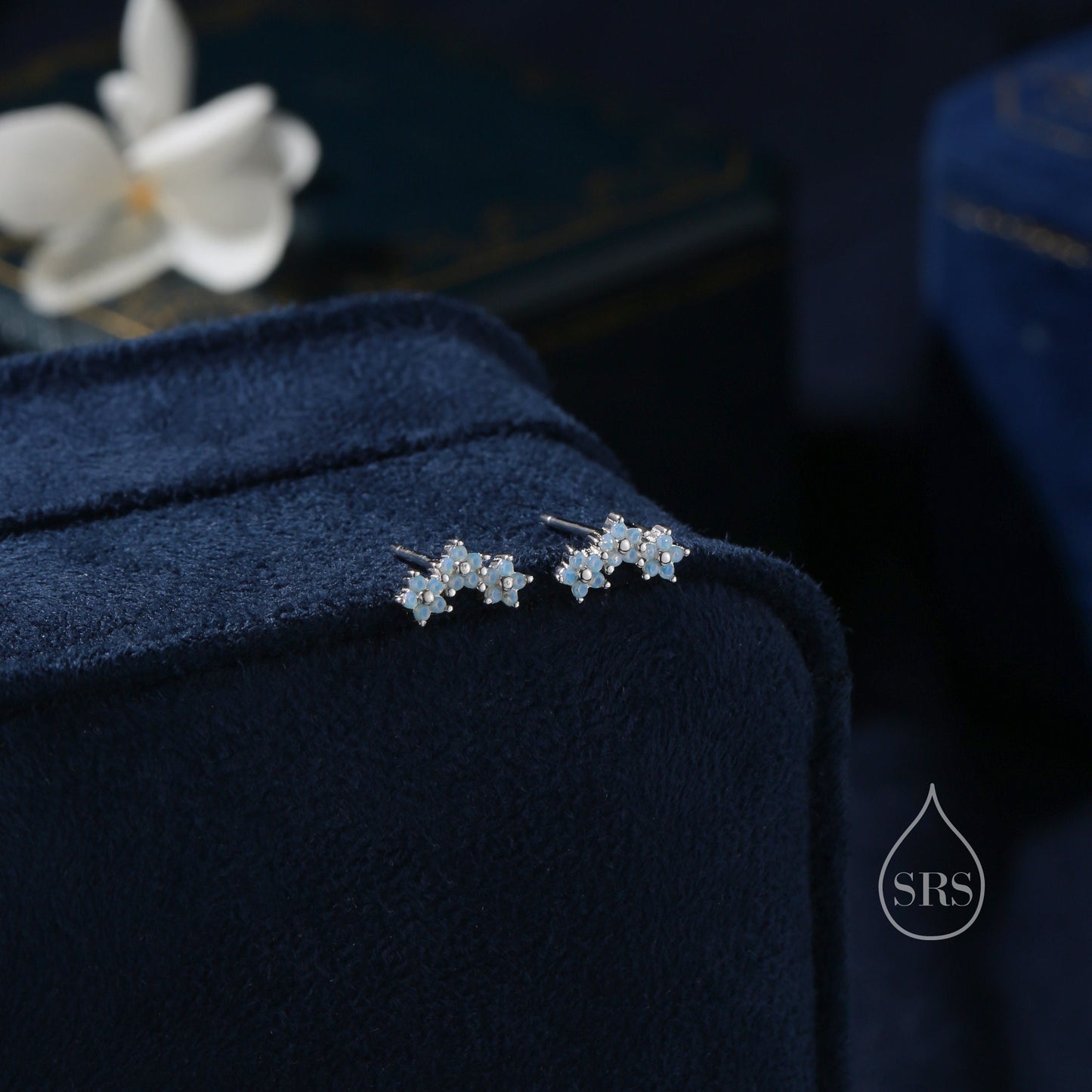 Internally Threaded CZ Flower Flat Back Earrings in Sterling Silver, Opal Blue Forget Me Not Flower Bouquet CZ Earrings, Gold or Rose Gold