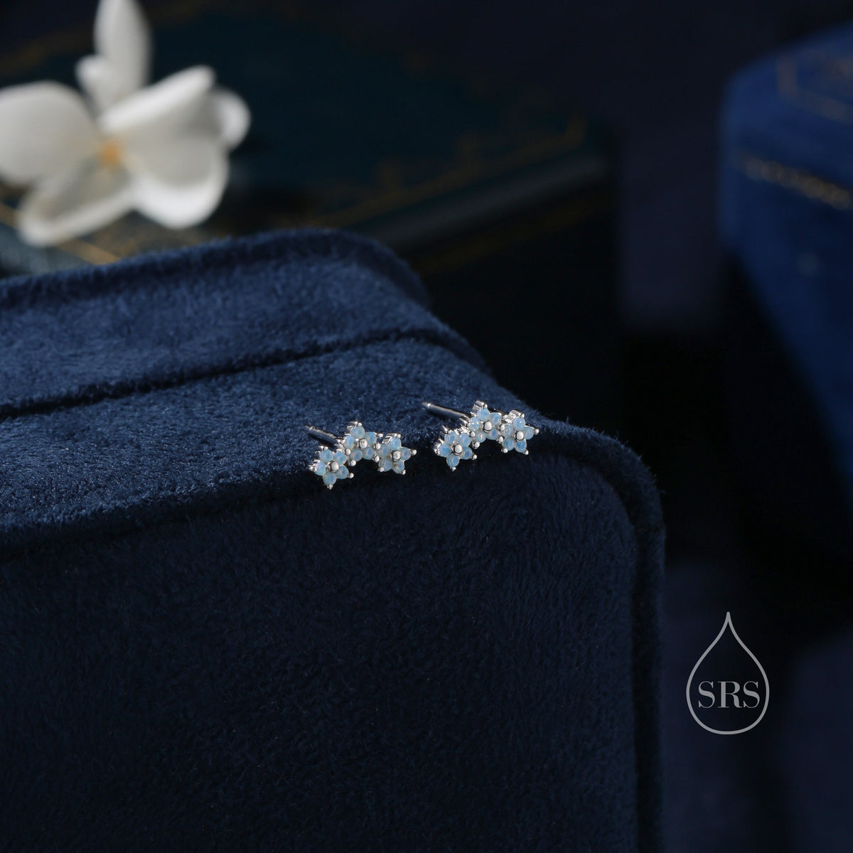 Opal Blue Forget Me Not Flower Bouquet CZ Stud Earrings in Sterling Silver, Silver or Gold, Opal Colour CZ Flower Stud Earrings
