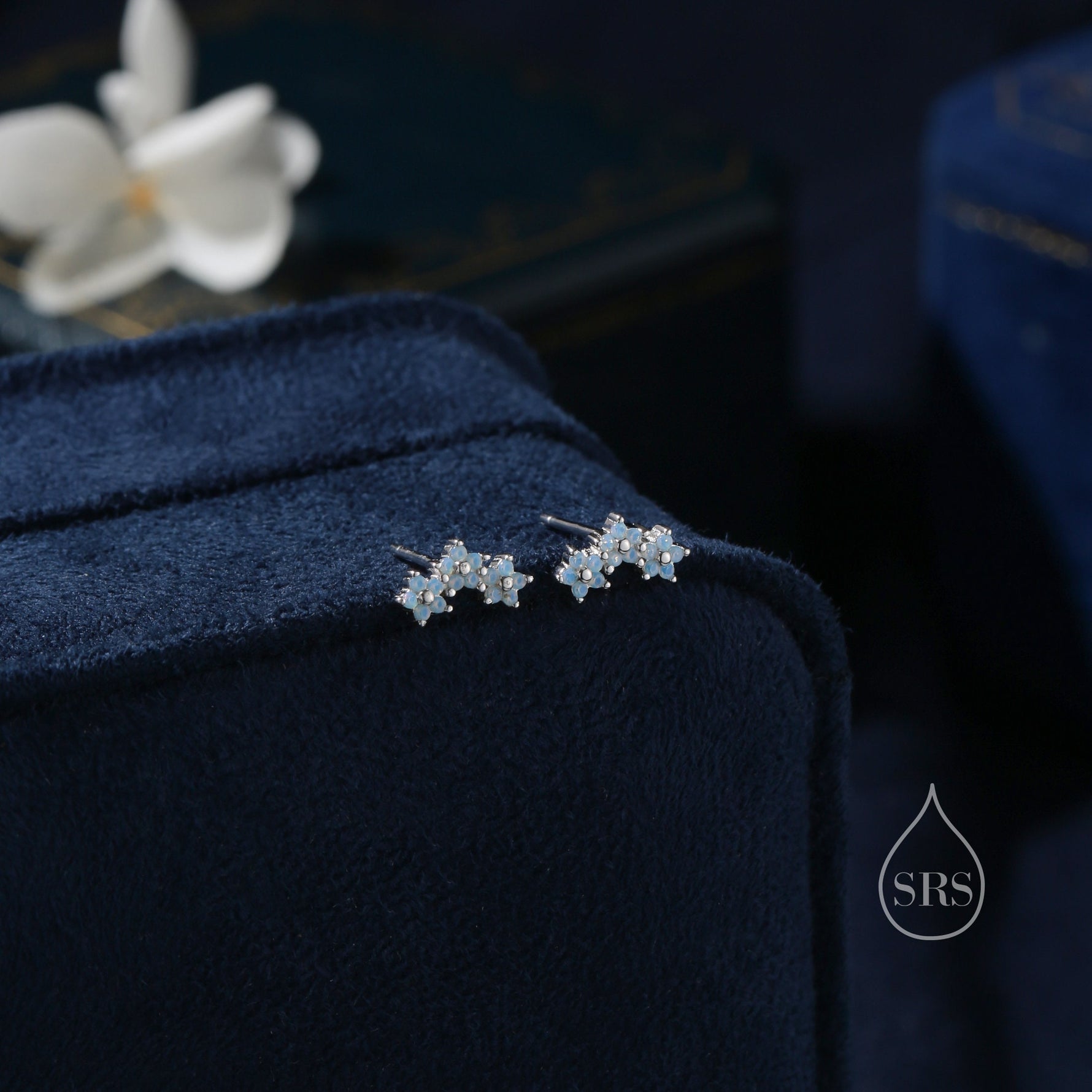 Opal Blue Forget Me Not Flower Bouquet CZ Stud Earrings in Sterling Silver, Silver or Gold, Opal Colour CZ Flower Stud Earrings