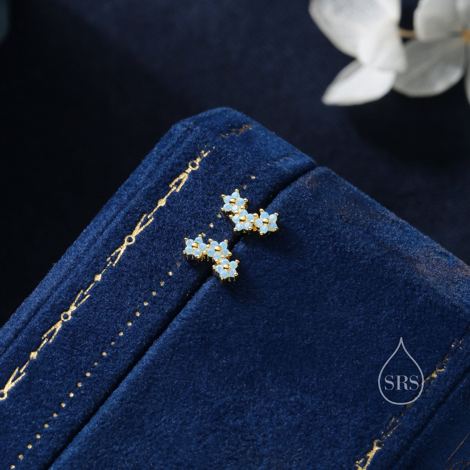 Opal Blue Forget Me Not Flower Bouquet CZ Stud Earrings in Sterling Silver, Silver or Gold, Opal Colour CZ Flower Stud Earrings