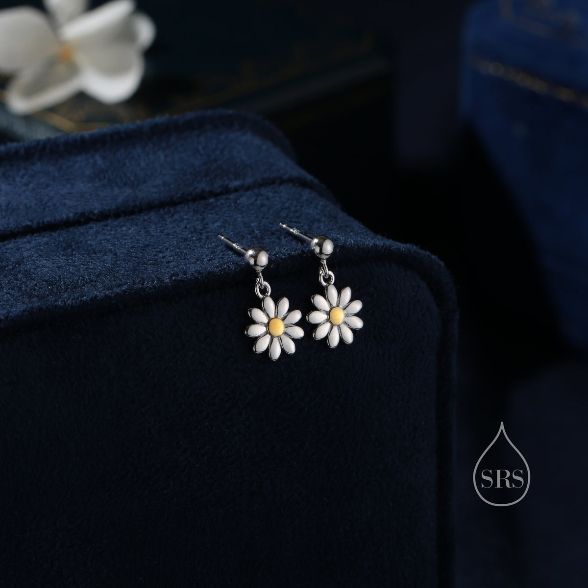 Sterling Silver Daisy Drop Stud Earrings, Delicate Dainty Dangle Daisy Flower Earrings