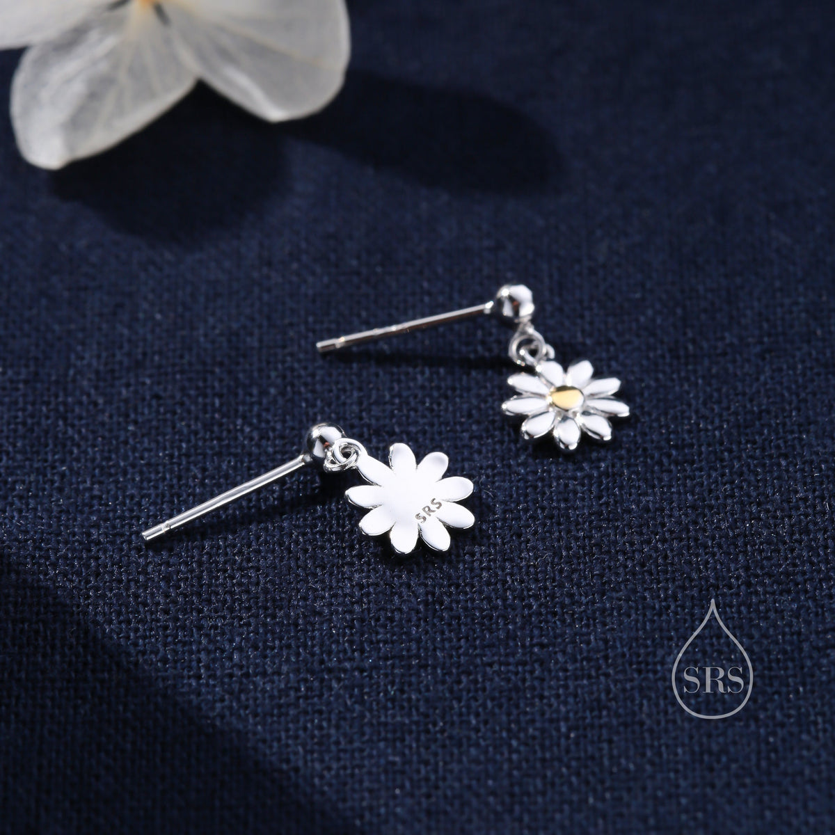 Sterling Silver Daisy Drop Stud Earrings, Delicate Dainty Dangle Daisy Flower Earrings