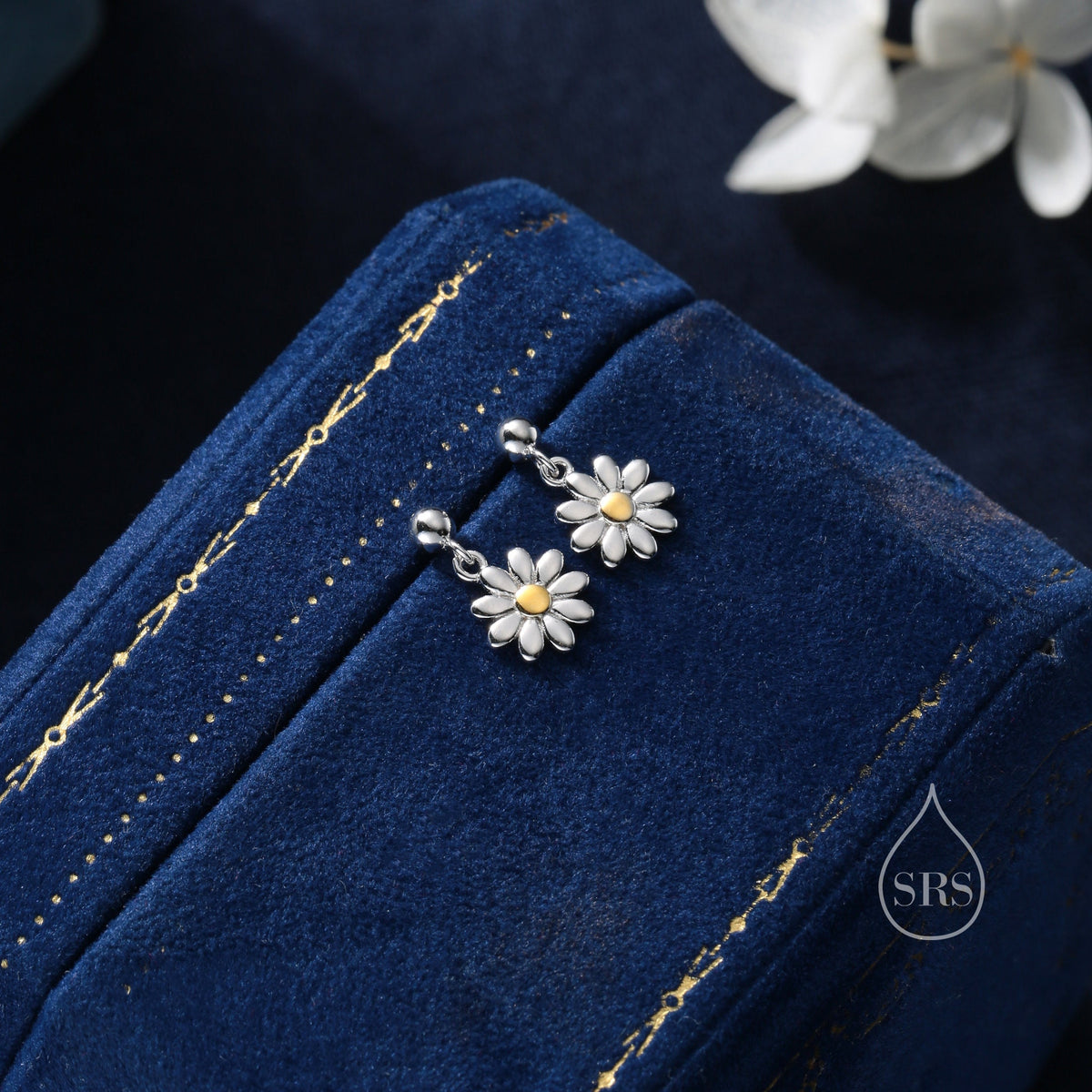 Sterling Silver Daisy Drop Stud Earrings, Delicate Dainty Dangle Daisy Flower Earrings