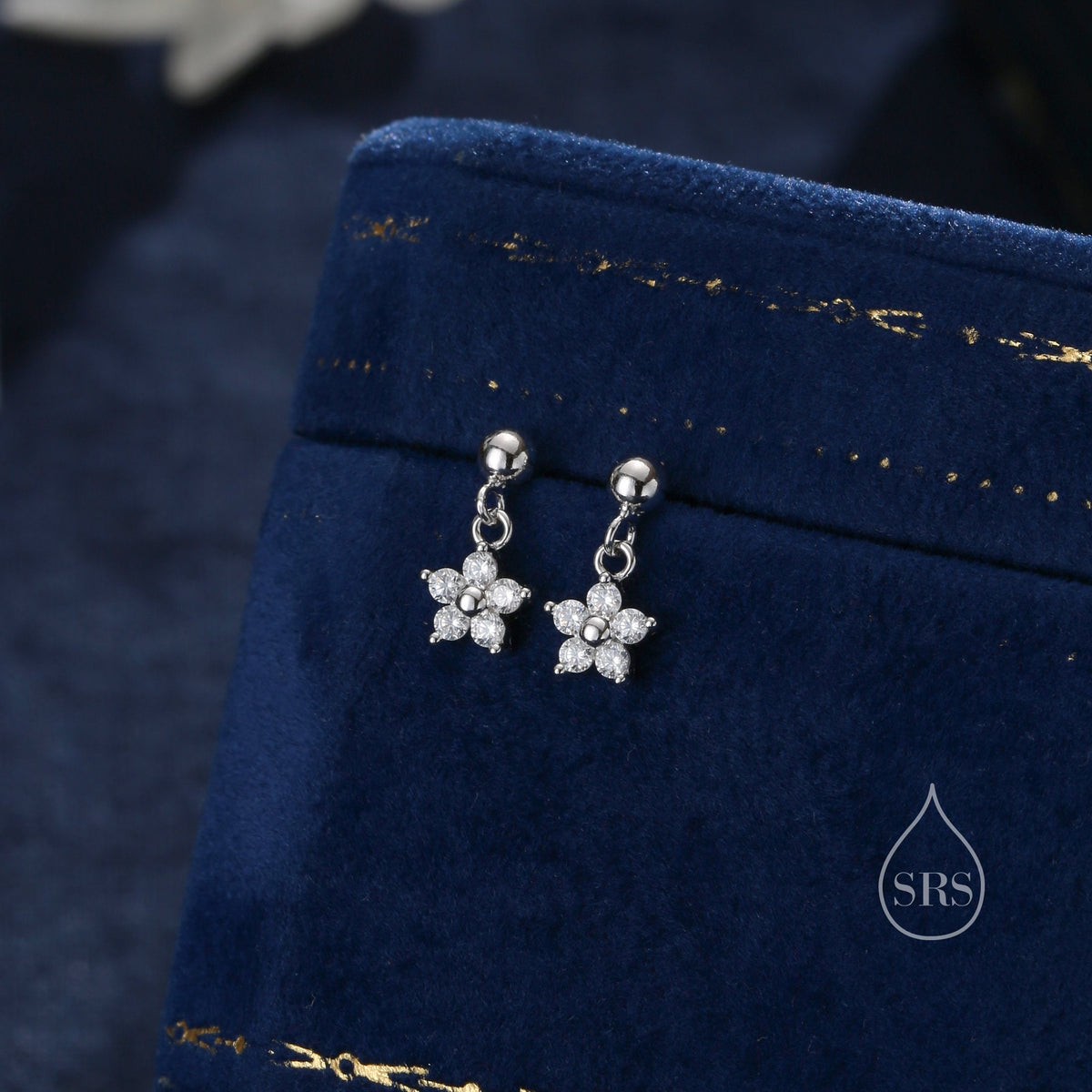 Sterling Silver Dainty CZ Flower Drop Stud Earrings, Dainty Dangle Daisy Flower Earrings, Silver Forget Me Not Tiny Earrings