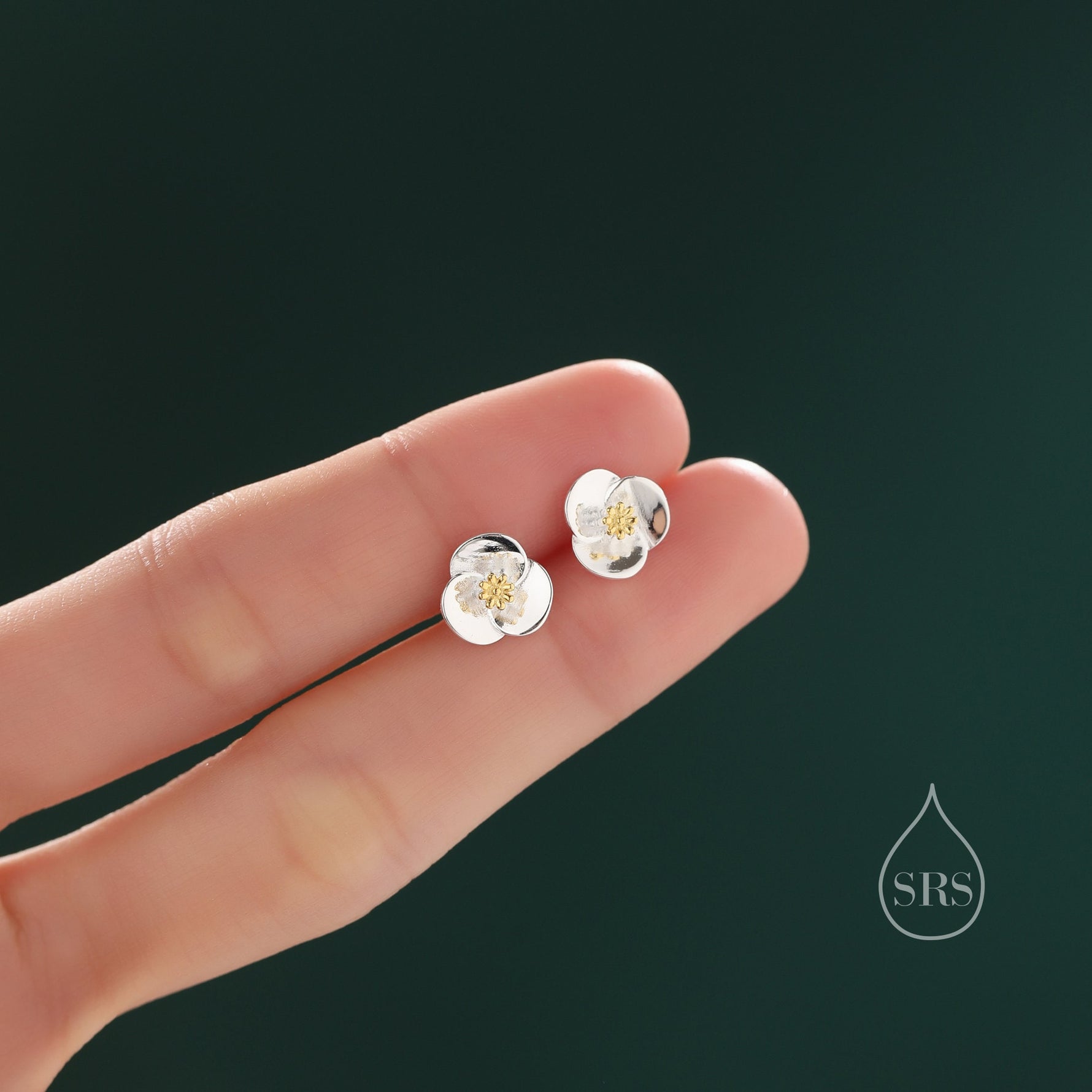 Poppy Flower Stud Earrings in Sterling Silver- Gold and Silver Two Tone - Flower Earrings - Blossom Earrings, Fun, Whimsical and Pretty