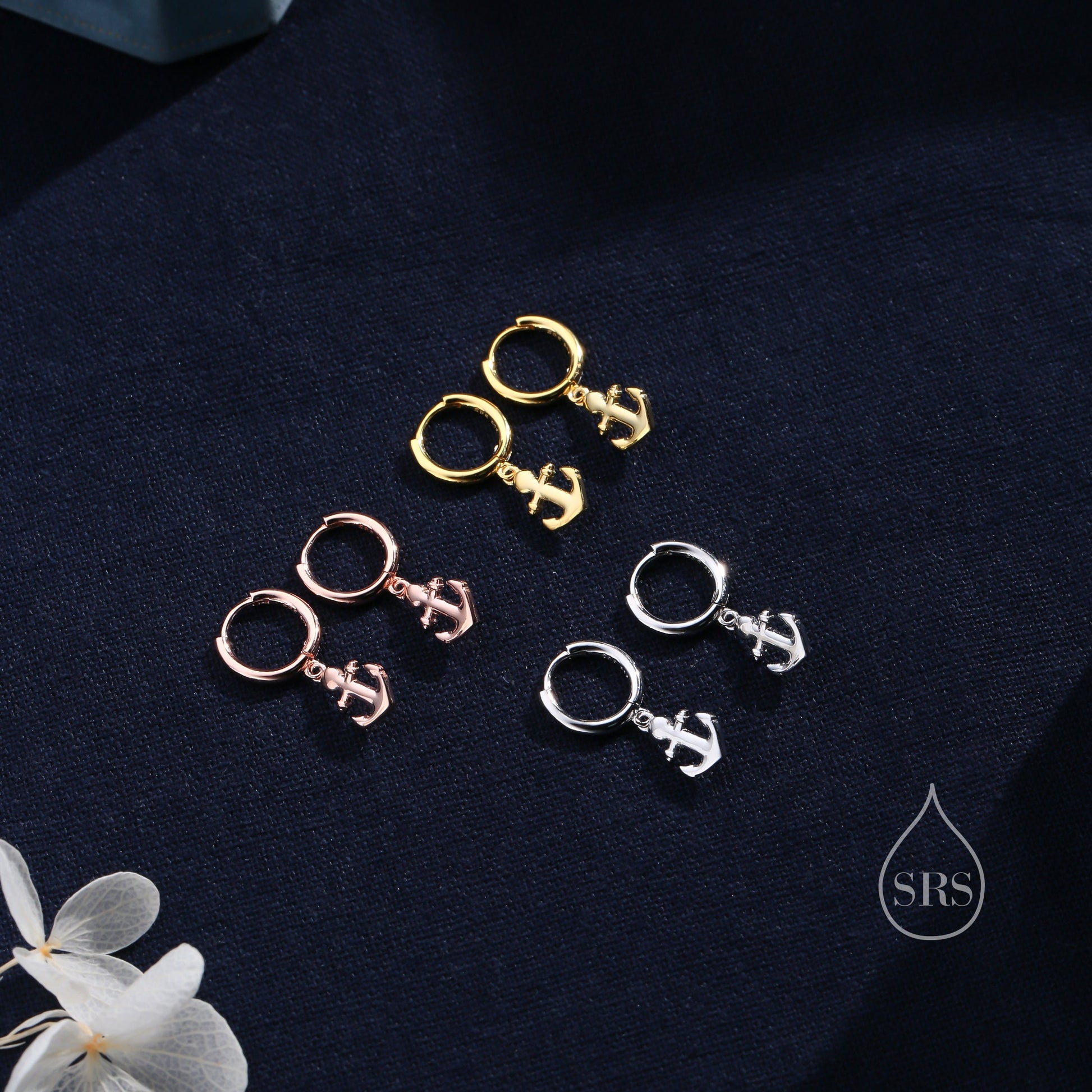 Anchor Huggie Hoop Earrings in Sterling Silver, Silver or Gold or Rose Gold, Tiny Anchor Earrings, Nautical Ocean Theme Earrings