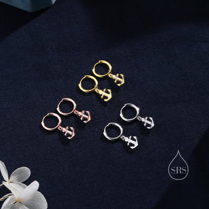 Anchor Huggie Hoop Earrings in Sterling Silver, Silver or Gold or Rose Gold, Tiny Anchor Earrings, Nautical Ocean Theme Earrings