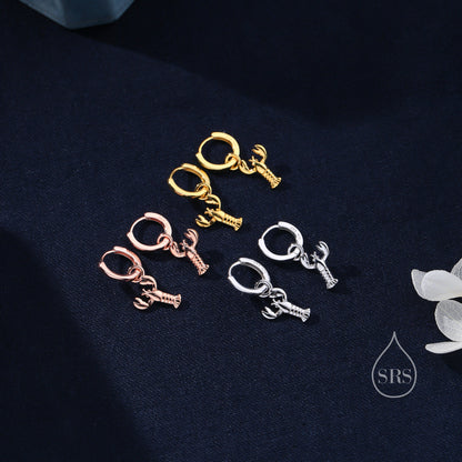 Lobster Huggie Hoop Earrings in Sterling Silver, Silver or Gold or Rose Gold, Tiny Lobster Earrings, Nautical Ocean Theme Earrings