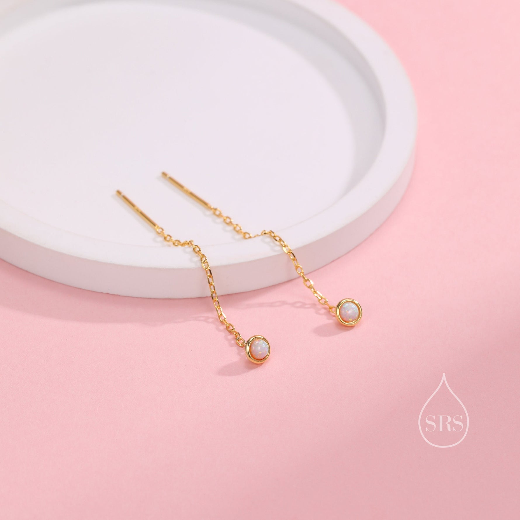 Fire Opal Dot Threader Earrings in Sterling Silver, Lab Opal Ear Threaders, Silver or Gold, Opal Threaders, Chain Earrings