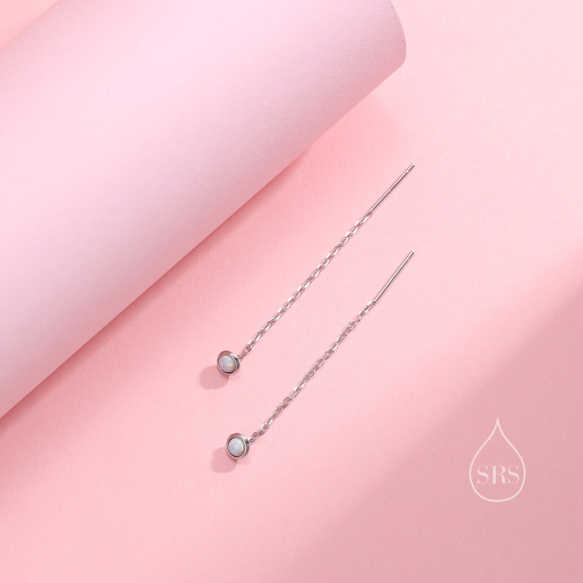 Fire Opal Dot Threader Earrings in Sterling Silver, Lab Opal Ear Threaders, Silver or Gold, Opal Threaders, Chain Earrings