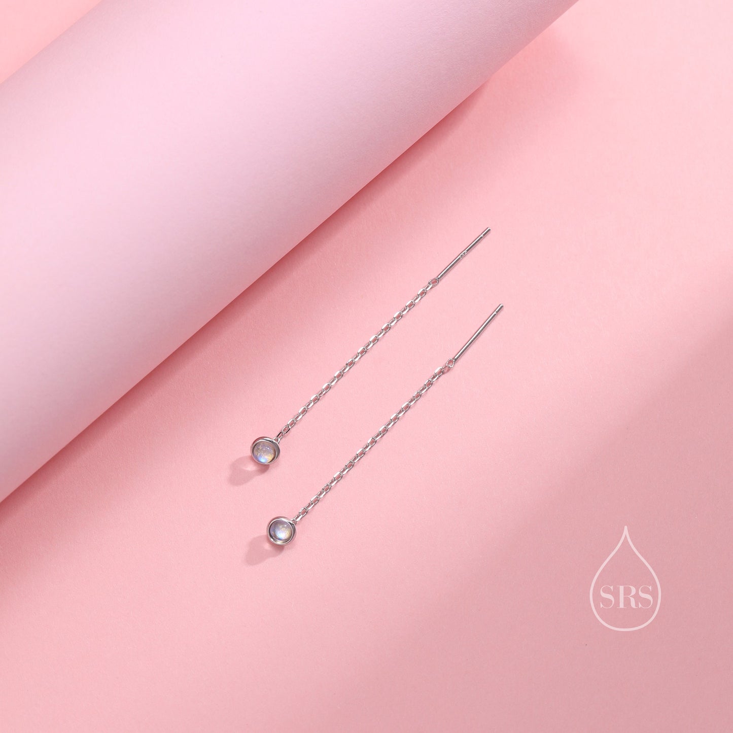 4mm Simulated Moonstone Dot Threader Earrings in Sterling Silver, Lab Moonstone Pull Through Ear Threaders, Silver or Gold, Chain Earrings