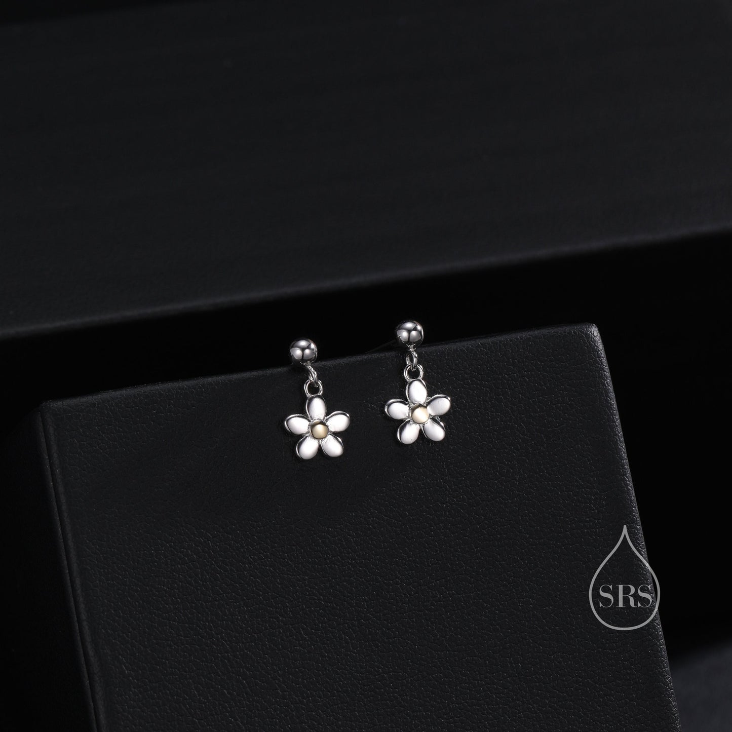 Sterling Silver Forget-me-not Flower Drop Stud Earrings, Partial Gold Plate, Dainty Dangle Forget Me Not Flower Earrings