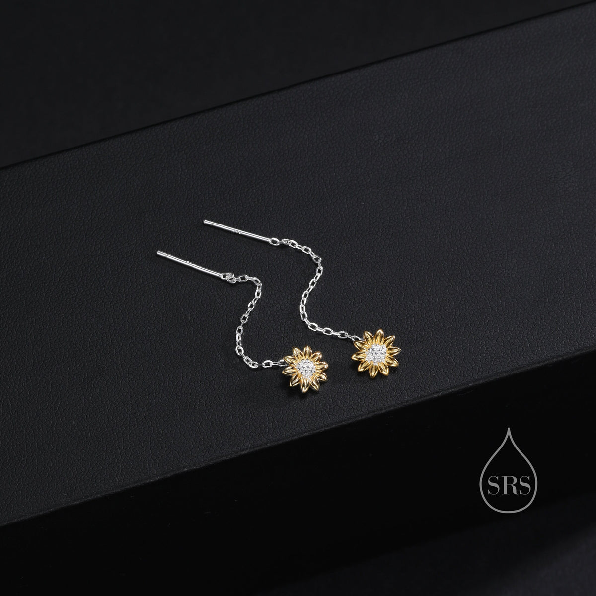 Sunflower Threader Earrings in Sterling Silver, Sunflower with Dangle Chain Earrings, SunFlower Pull Through Chain Earrings