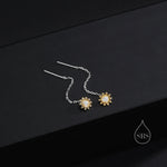 Sunflower Threader Earrings in Sterling Silver, Sunflower with Dangle Chain Earrings, SunFlower Pull Through Chain Earrings
