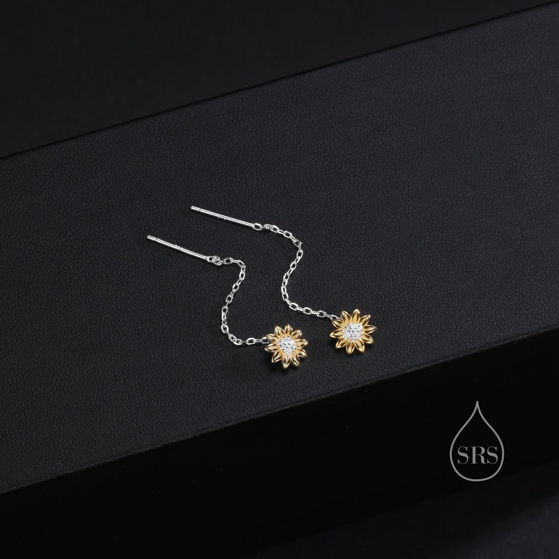 Sunflower Threader Earrings in Sterling Silver, Sunflower with Dangle Chain Earrings, SunFlower Pull Through Chain Earrings