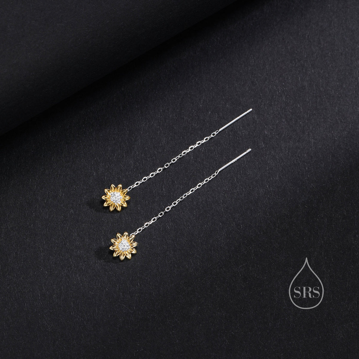 Sunflower Threader Earrings in Sterling Silver, Sunflower with Dangle Chain Earrings, SunFlower Pull Through Chain Earrings