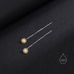 Sunflower Threader Earrings in Sterling Silver, Sunflower with Dangle Chain Earrings, SunFlower Pull Through Chain Earrings