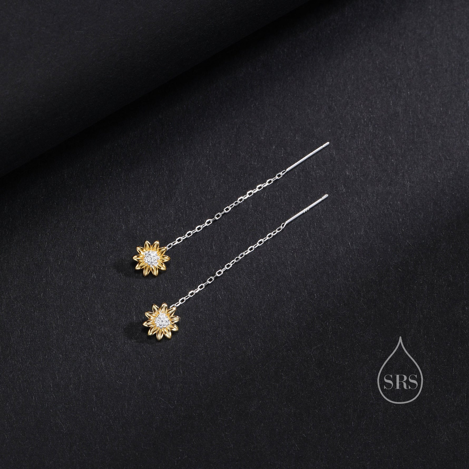 Sunflower Threader Earrings in Sterling Silver, Sunflower with Dangle Chain Earrings, SunFlower Pull Through Chain Earrings