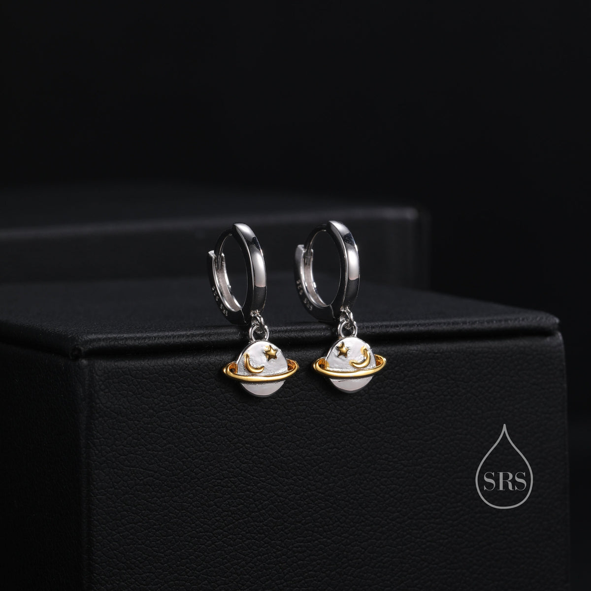 Planet and Gold Star Huggie Hoop Earrings in Sterling Silver, Saturn Dangle Hoop Earrings